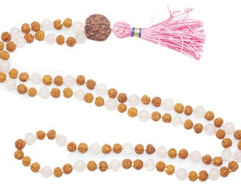 Yoga Mala Bead Healing Rose Quartz Beads Rudraksha Mala Pendant Unconditional Love Heart Chakra