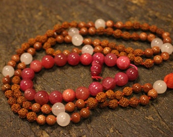 Ambition Sunstone Rose Quartz Rudraksha 108 Malabeads, Pink Jade Beaded Stretch Bead Bracelet, Yoga Jewelry