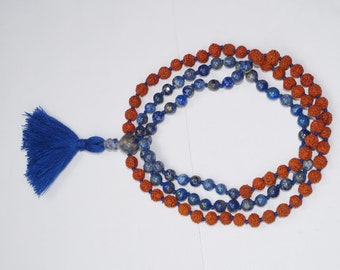 VEDAMALAS Handmade Authentic 108 Bead Mala Necklace Lapis Lazuli Beads, Rudraksha Beads, Blue Tassel Meditation Necklaces Provide Calm
