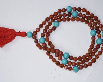 Love Protection Chakra Necklace Turquoise Sunstone Prayer Mala Beads Meditation Rudraksha Prayer Gemstone Mala Yoga