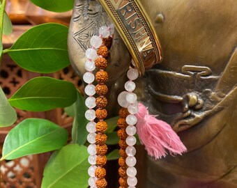 Yoga Mala Rose Quartz Beads Rudraksha Mala Unconditional Love Heart Chakra with HARE KRISHNA Adjustable Copper Cuff Bracelet Wrist Bracelet