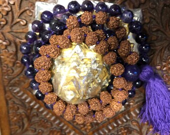 Sri Yantra Altar, Yoga mala, Rudraksha Amethyst Mala Beads, Mindful Living, Japamala Necklace, Yoga Mala, Conscious Design