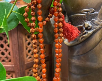 Prayer Beads Japamala Rudraksha Carnelian Yoga Happiness Necklace with HARE KRISHNA Adjustable Copper Cuff Bracelet Wrist Bracelet