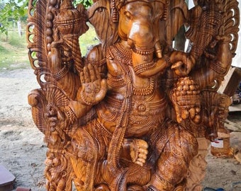 PRE-ORDER Brown Lord Ganesha Statue, Artisans Carved Altar Divine Decor Sculpture, Dancing On Rat, Goddess Of Knowledge, Temple Figurine