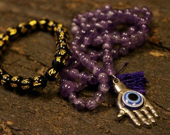 Amethyst Malabeads Evil Eye pendant, Yoga Spirituality Necklaces, Buddhist Mantra Carved Black Obsidion Bracelet