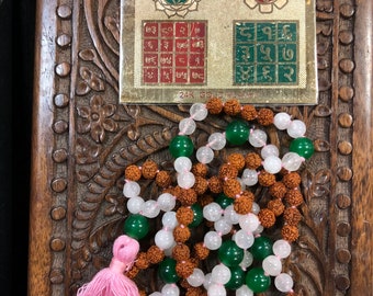 Green Jade, Rose Quartz, Mala Beads, Love Yoga Mala beads, Good LUCK Fortune Vyapar Vridhi Yantra, Conscious Living