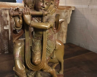 Divine And Exquisite Lord Krishna playing the flute with cow Home Decorative