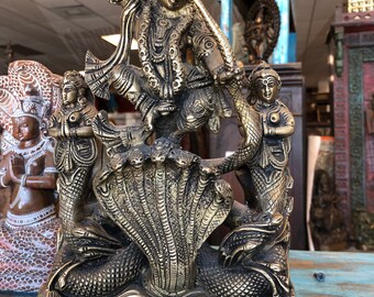 Antique Krishna Dancing On Serpent Kaliya, handcrafted brass idol, yoga at home, spiritual design, eclectic gift idea