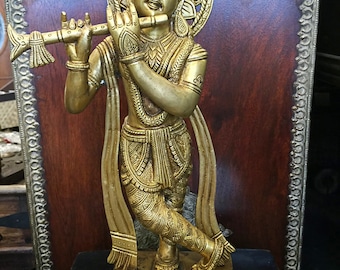 Brass Krishna Statue Standing Krishna Playing the Flute Figurine Brass Idol For Worship, Temple and Decor