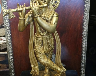 Brass Krishna Statue Standing Krishna Playing the Flute Figurine Brass Idol For Worship, Temple and Decor