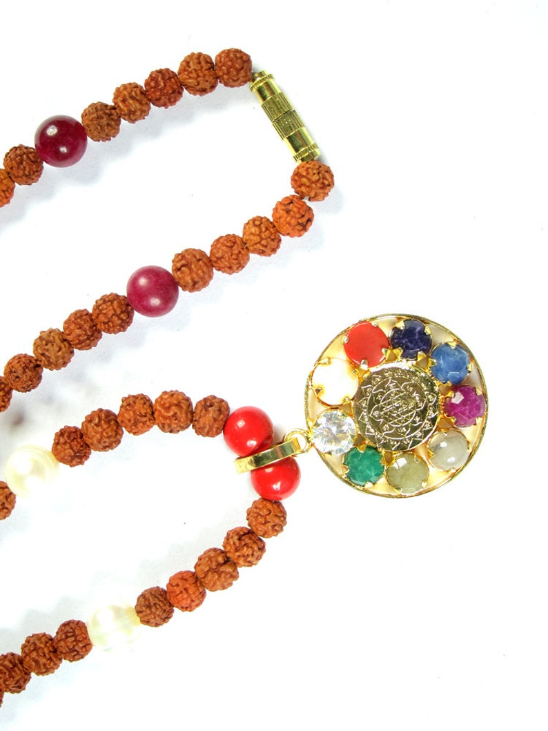 Sacred Geometry Sri Yantra Yoga Mala Necklace 9 Planet Rudraksha With Navaratan Pendant Prayer Beads for Meditation