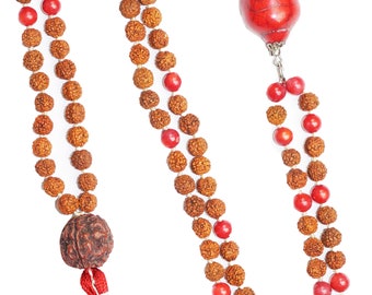 Yoga Mala Buddhist Knotted 108 Coral Rudraksha Japamala Mala beads Buddha Pendant