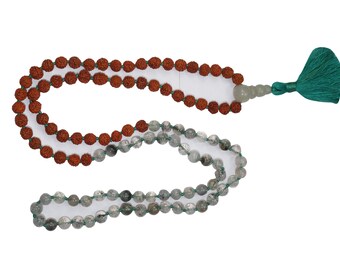 VEDAMALA Rudraksha Seed Mala Necklace Gray Crystal Quartz Beads Grade A Natural Precious Gemstone Full Strand Meditation Necklaces