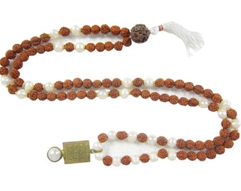 Bohemian 108 Japamala Rudraksha Pearl Prayer Chakra Mala Beads Moon yantra Pendant