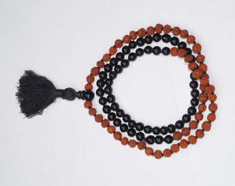 Rudraksha Bodhi Seeds Black Onyx Japa-Mala Silk Tassel & Guru Bead 108 Beads 8mm Meditation Necklace