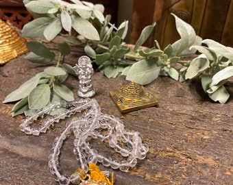 Sacred Ganesha Altar- Crystal Quartz Mala Beads, Meditation Japa Mala Yoga Necklaces, Parad Ganesha Statue With Brass Meru Yantra