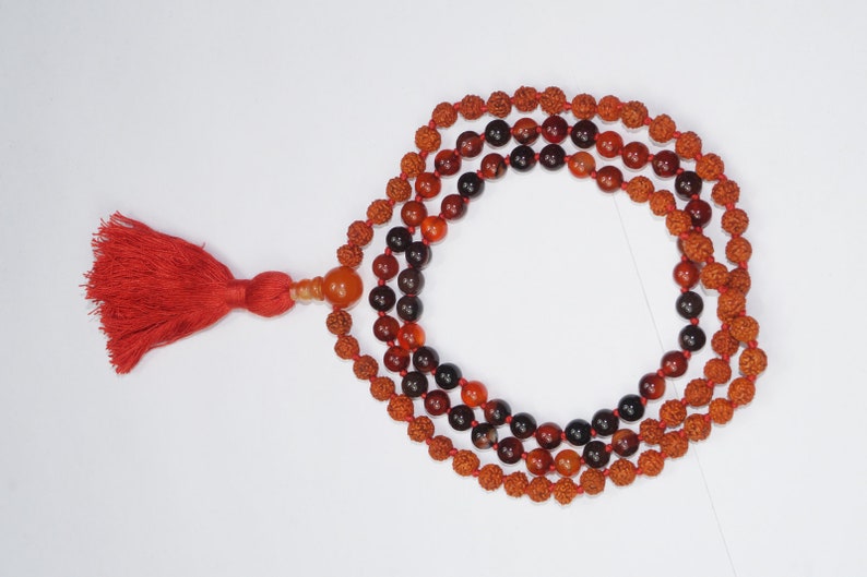 VEDAMALAS Chakra Prayer Beads Rudraksha Mala Healing Necklace Carnelian Gemstone Spiritual Jewelry