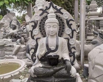 PRE ORDER-Natural Stone Buddha Garden Fountain Statue Handcarved Gray Granite Stone Garden Decor Sculpture