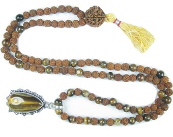 Tiger Eye Healing Stone Harmonious Balanced Rudraksha Prayer Mala Beads Yoga Tassel Necklace