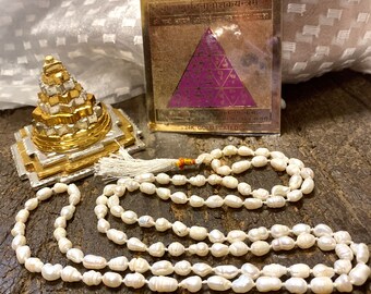 Stop Accidents Altar - Vahan Durghatna Nashak Yantra, Moon Pearls Mala Jewelry, Handmade Sacred Geometry, Brass Meru YAntra