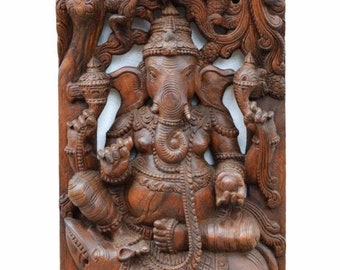 PRE-ORDER Wooden Ganesha Hand Carved Wooden Statue - Ganesh Sitting On Rat Sculpture Elephant, Hindu God Ganapathi Statue