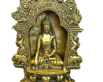 Vintage Meditating Buddha Temple Sculpture Yali Lion Arch Frame Brass Statue Yoga Studio Conscious Decor