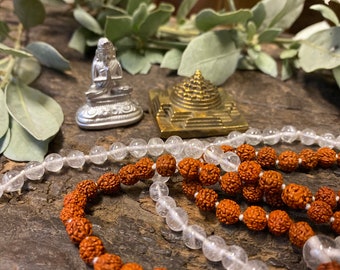Buddhist Altar- Crystal Quartz Rudraksha Mala Beads, Meditation Japa Mala Yoga Necklaces, Buddha Parad Statue, Altar With Brass Meru Yantra