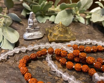 Buddhist Altar- Crystal Quartz Rudraksha Mala Beads, Meditation Japa Mala Yoga Necklaces, Buddha Parad Statue, Altar With Brass Meru Yantra