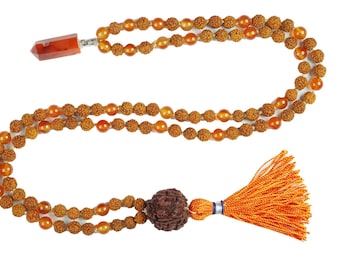 108 Mala Beads Necklace Healing Reiki Carnelian Pendants with Rudraksha Meditation Jewelry SACRED GEOMETRY