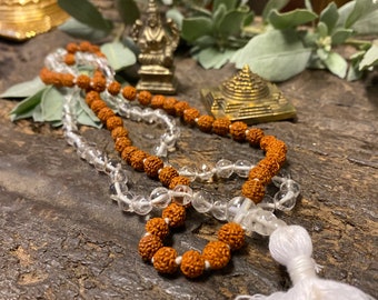 Prosperity Vedic Altar- Rudraksha Crystal Quartz Mala Meditation Yoga Mala, Invoke Prosperity Lakshmi Brass Statue With Brass Meru Yantra