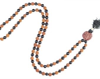 Boho Healing Stone Japa Mala Rudraksha, Black Agate Mala Beads Prayer Beads