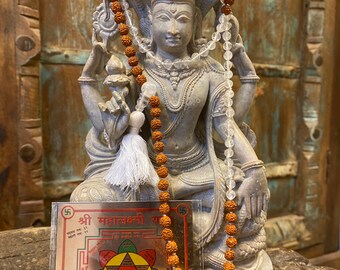 Hand Knotted Rudraksha Quartz Crystal Necklace, Lakshmi Altar - Sacred Geometry Maha Laxmi Yantra, Meru YAntra on Tortoise