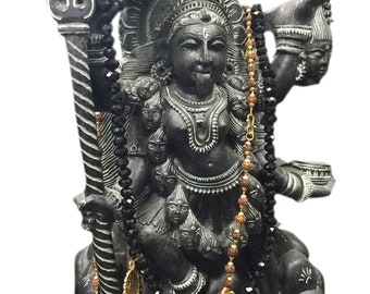 Dark Goddess Maa Kali Black Stone Statue Hindu Gods Altar Temple Sculpture Rudraksha Beads