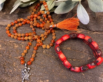 Buddhist Prayer Beads Japamala Rudraksha Carnelian Yoga Happiness Necklace with Love Red Coral Bead Spiritual Healing Power Wrist Bracelet