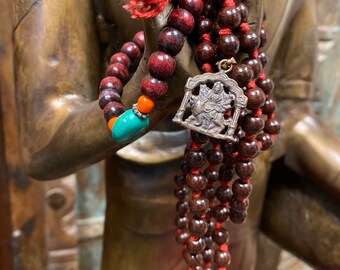 Natural Rosewood Durga Malabedas, Japamala, Meditation 108 Prayer Yoga Beads, Mala Bracelets Coral Turquoise