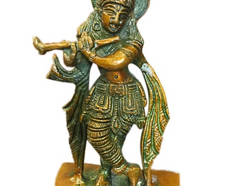 Studio Decor Lord Krishna Brass Sculpture Playing Flute 7 Inch Religious Gift