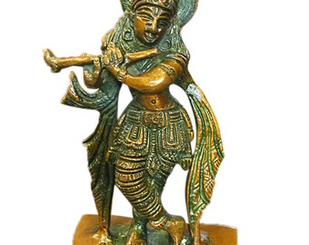 Studio Decor Lord Krishna Brass Sculpture Playing Flute 7 Inch Religious Gift