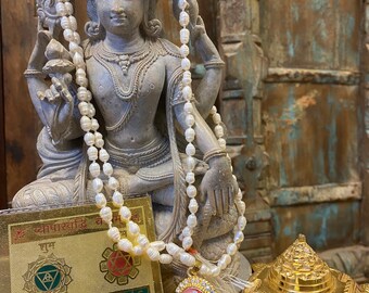Stop Accidents Altar - Vahan Durghatna Nashak Yantra, Moon Pearls Mala Jewelry, Handmade Sacred Geometry, Brass Meru YAntra On Tortoise