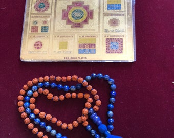 PROSPERITY ALTAR- Sri Sampurna Yantra for Money, Success and Achievement Lapis Lazuli Rudraksha Mala Necklace