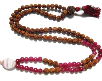 Pink Jade Bead Necklace Rudraksha Prayer Mala Fourth Heart Chakra Yoga Beads 108+1