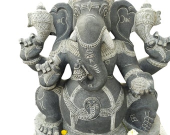 PRE ORDER-Natural Stone Ganesha Garden Statue Handcarved Granite Stone Zen Outdoor Meditating Sculptures