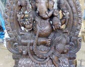 PRE-ORDER Wooden Ganesha Statue, Seated Ganesha Idol, Hindu Home Decor, Goddess Of Knowledge, Temple Figurine, Altar Divine Decor Sculpture