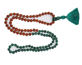 Hand Knotted Deep Meditation Green Jade & Rudraksha Tassel Necklace Heart Chakra Modern Yoga Zen Necklace