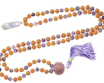 Mindful Amethyst Mala, Necklaces Yoga Mala Beads Shiva Rudraksha Healing Beads Crown Chakras Reiki Pendent