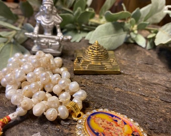 Japamala Ganesha Yoga Necklace Pearls Beads, Meditation Altar, Parad Annapurna With Brass Meru Yantra