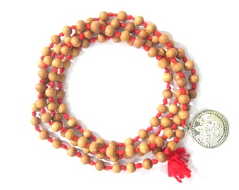 Sri Yantra Mala Beads, Hand Knotted Sandalwood Mala, Prosperity, Healing Meditation Yoga Necklace