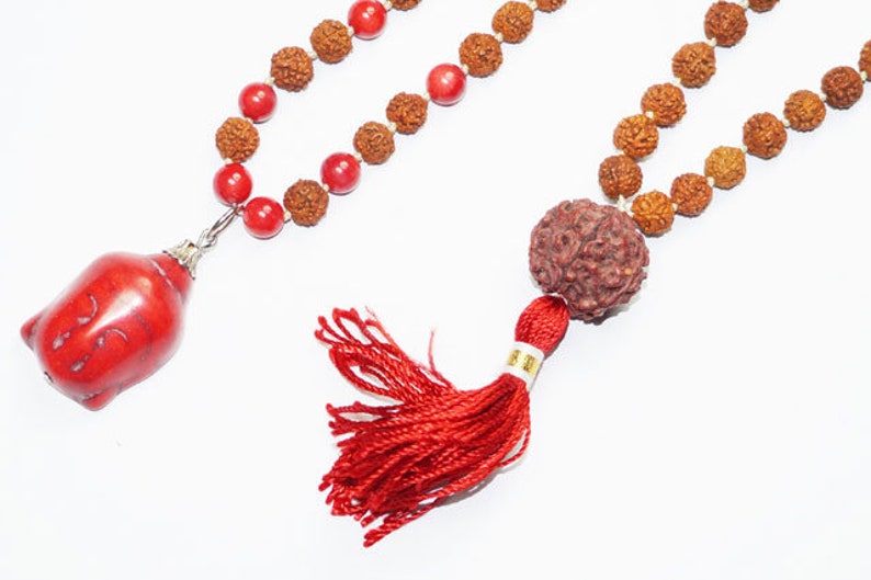 Healing Beads Jewelry Coral Chakra Rudraksha Yoga Meditation Japamala with Buddha Pendant