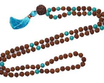 Healing Mala Beads, Turquoise Heals Respiratory System, Rudraksha Energy Buddhist Necklace YOGA GIFT