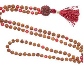 Vedic Yoga Mala Buddhist Knotted 108 Coral Rudraksha Japamala Mala beads