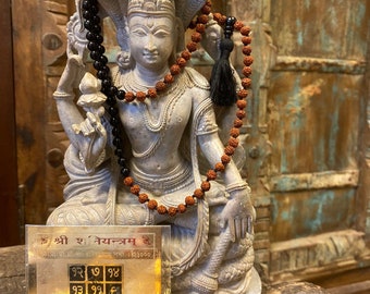 Vedic Altar, Sacred Geometry, Shani Yantra, Saturn Black Obsidian Knotted Mala Necklace